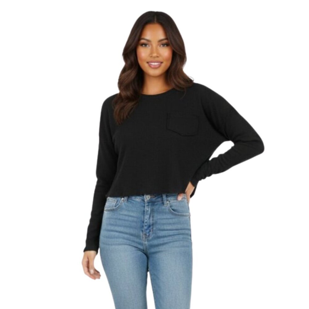 Urban Outfitters Black Waffle Knit Distressed Crop Top Raw Hem Pocket Grunge